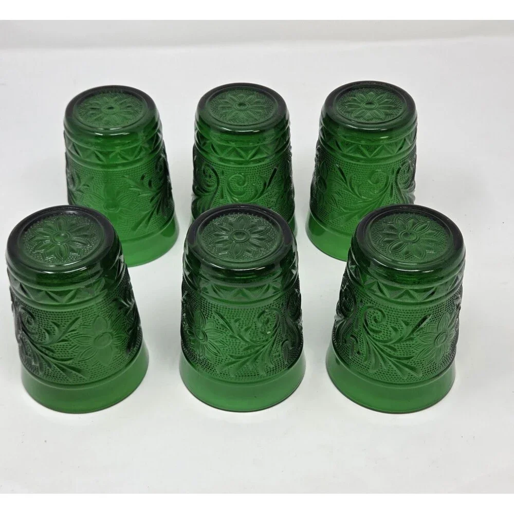 Anchor‎ Hocking Forest Green Sandwich Pattern Tumblers Set 6 Vintage 1950s Glass